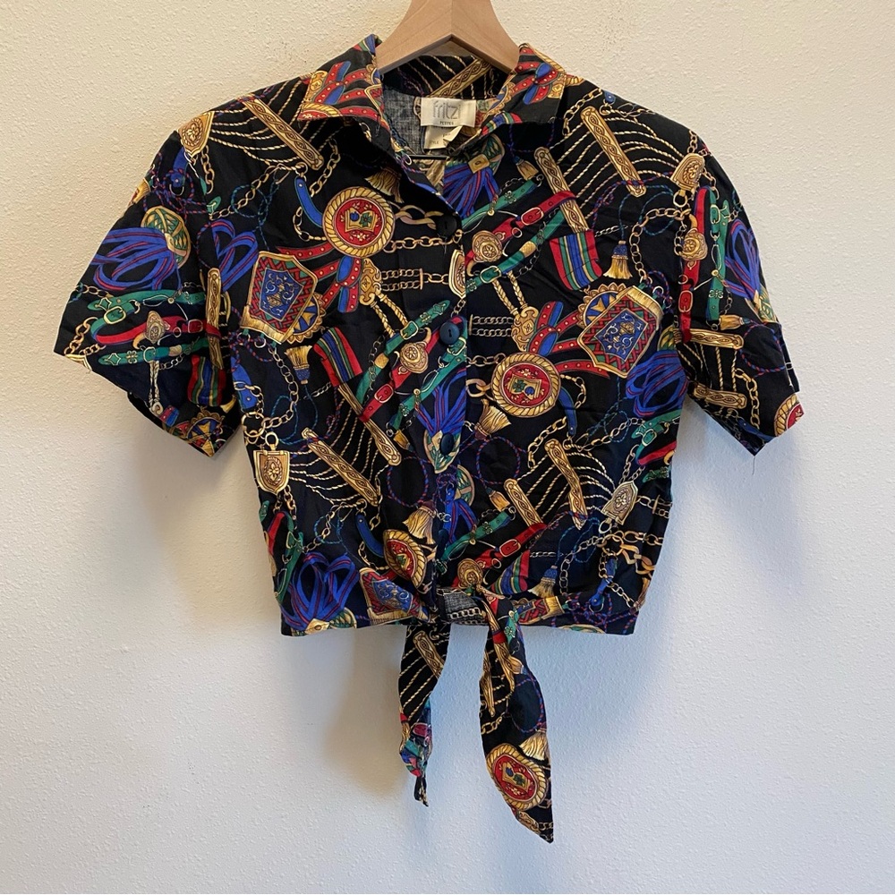 Vintage Fritzi Women Cotton Crop Tie Front Top Equestrian Print Size Small